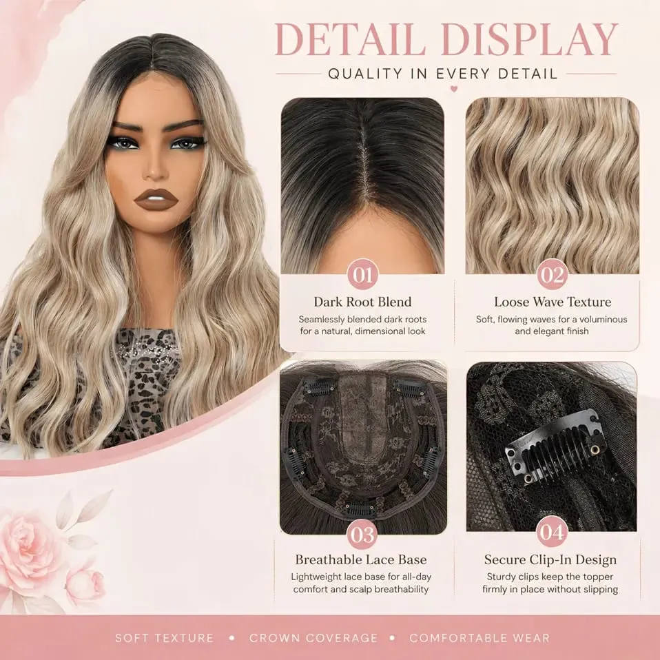 S-noilite Hair Topper 20 Inch Wavy Synthetic Clip-In Topper for Women Natural Looking Voluminous Hairpiece Ombre Blonde Wig