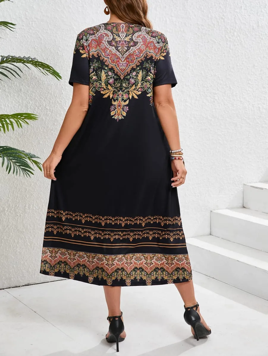 Vestido étnico boêmio com estampa floral casual férias de manga curta tamanho grande