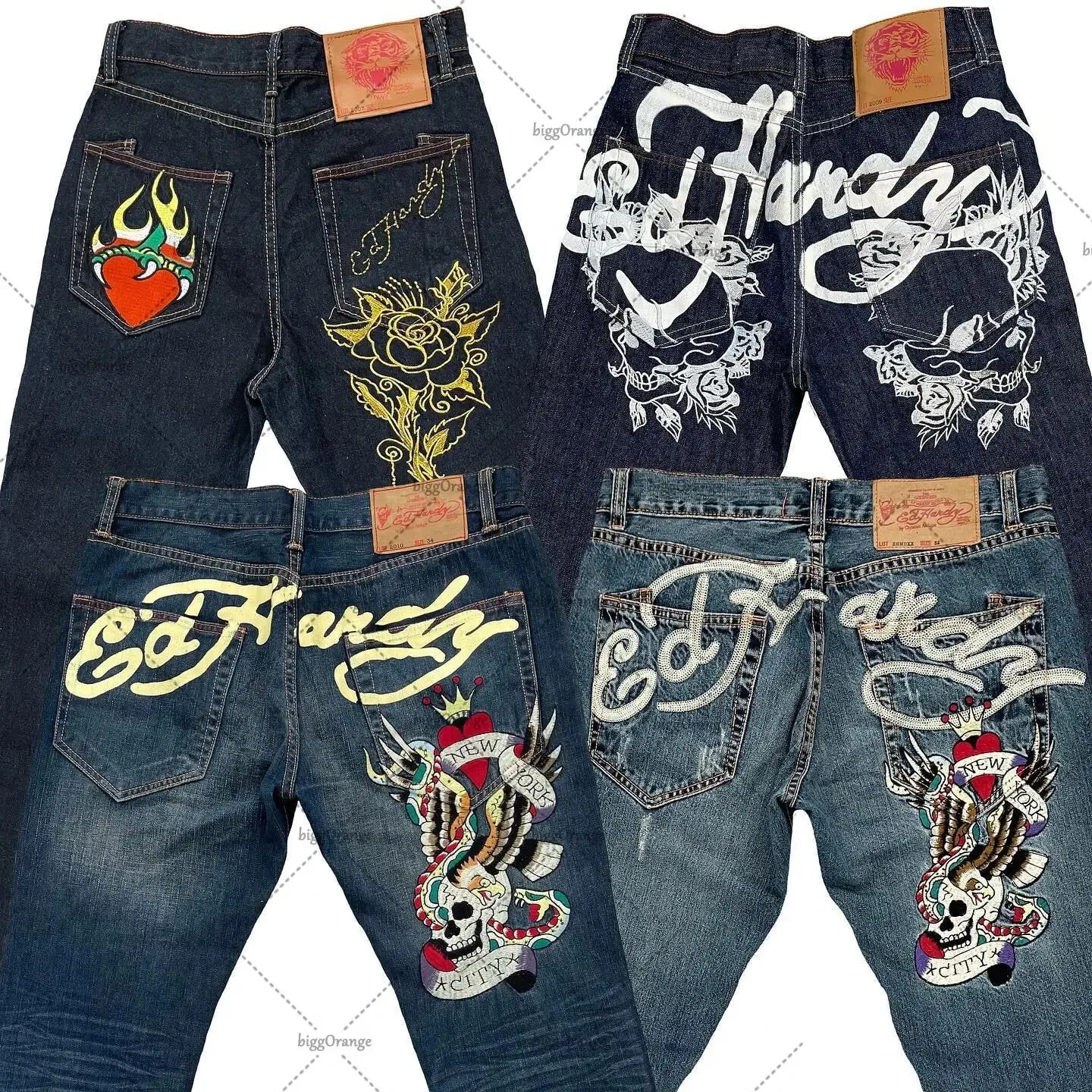 Mens Jeans Streetwear Y2K Vintage Straight Leg Denim Pants Skull Rose Flame Print Design Loose Fit Retro Punk Hip Hop Fashion