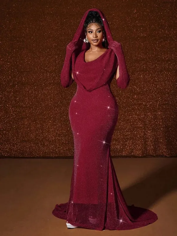 Plus Size Hat Sexy Waistband Hot Gold Fish Tail Swing Long Solid Colour Fishtail Slim Package Hip Dress Hooded