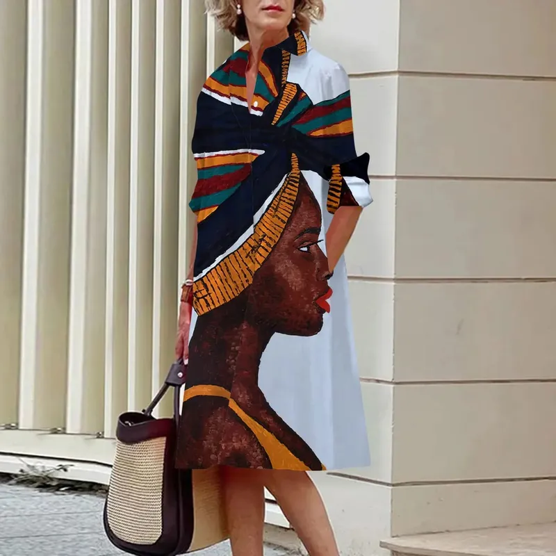 Zomer Nieuwe Damesjurken Mode Karakter Kunst Patroon Losse Grote Maat Casual Temperament Commuter Onregelmatige Lange Rok Tops