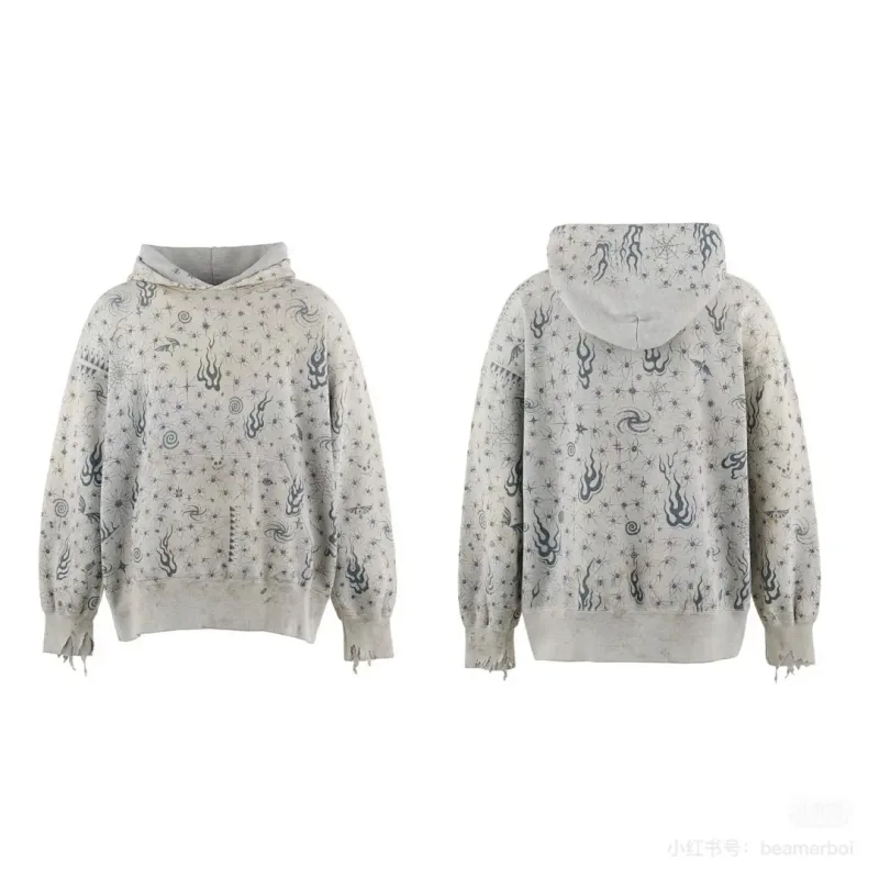 24FW SAINT Vintage Angel Printed Distressed Women Men Hooded Sweatshirt Hoodies Oversized Men Casual Cotton Pullover Hoodie