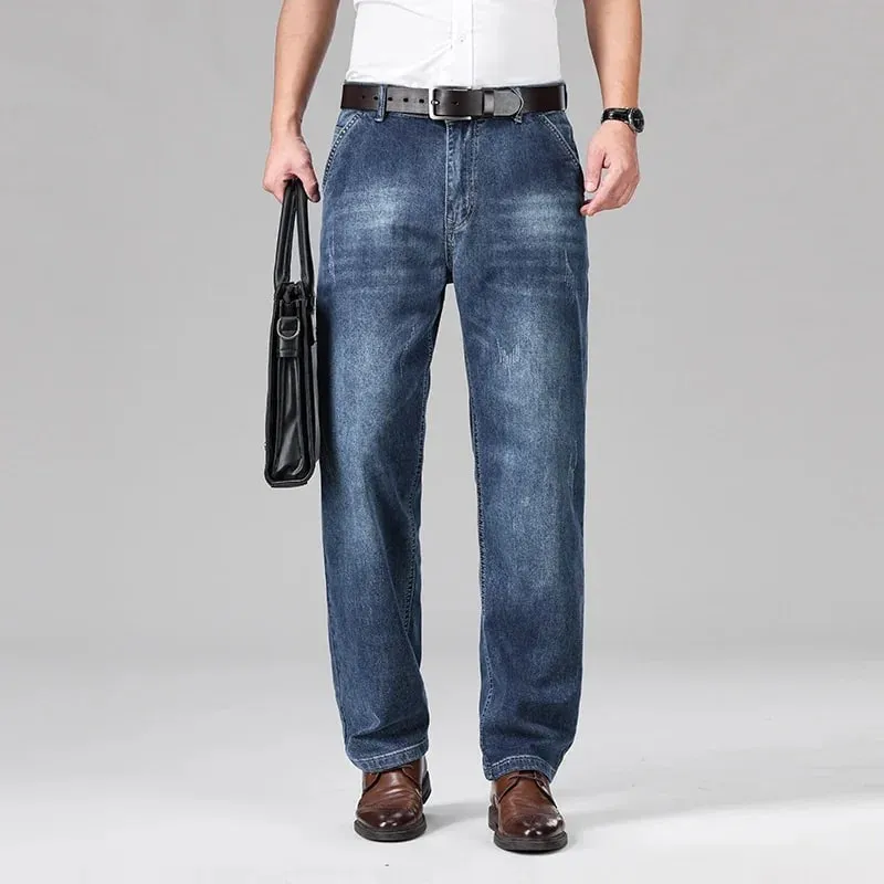 2026 Summer Men's Business Casual Thin Straight Jeans 90% Cotton Soft Stretch Fabric Baggy Denim Pants Male Brand Trousers