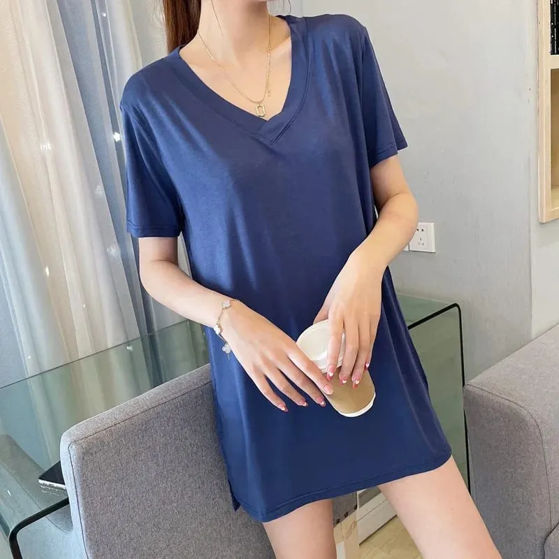 Loose Modal Short Sleeve V-Neck Midi Dress Thin Home Clothes Sleepwear Women's Base Skirt Comfortable plus Size Casual Style