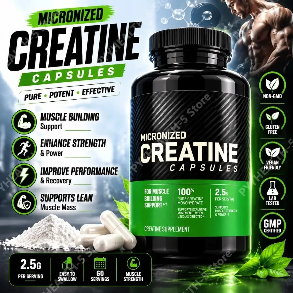 Creatine 2.5g Capsules for Adults - Supports Lean Muscle Fitness & Recovery Non-GMO Gluten-Free Vegan-Friendly 60 Capsules