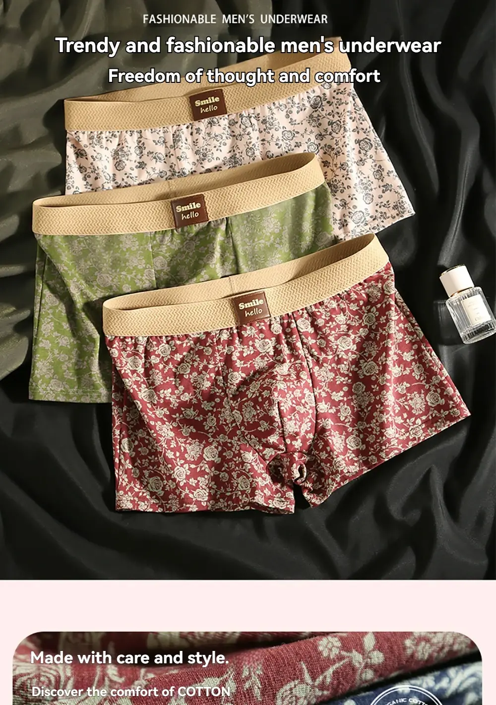 3PCS/Pack Romantic Rose Print Men's Panties Cotton Soft Comfortable Breathable Boxer Homme 3D Large Space Pouch Men Underwear