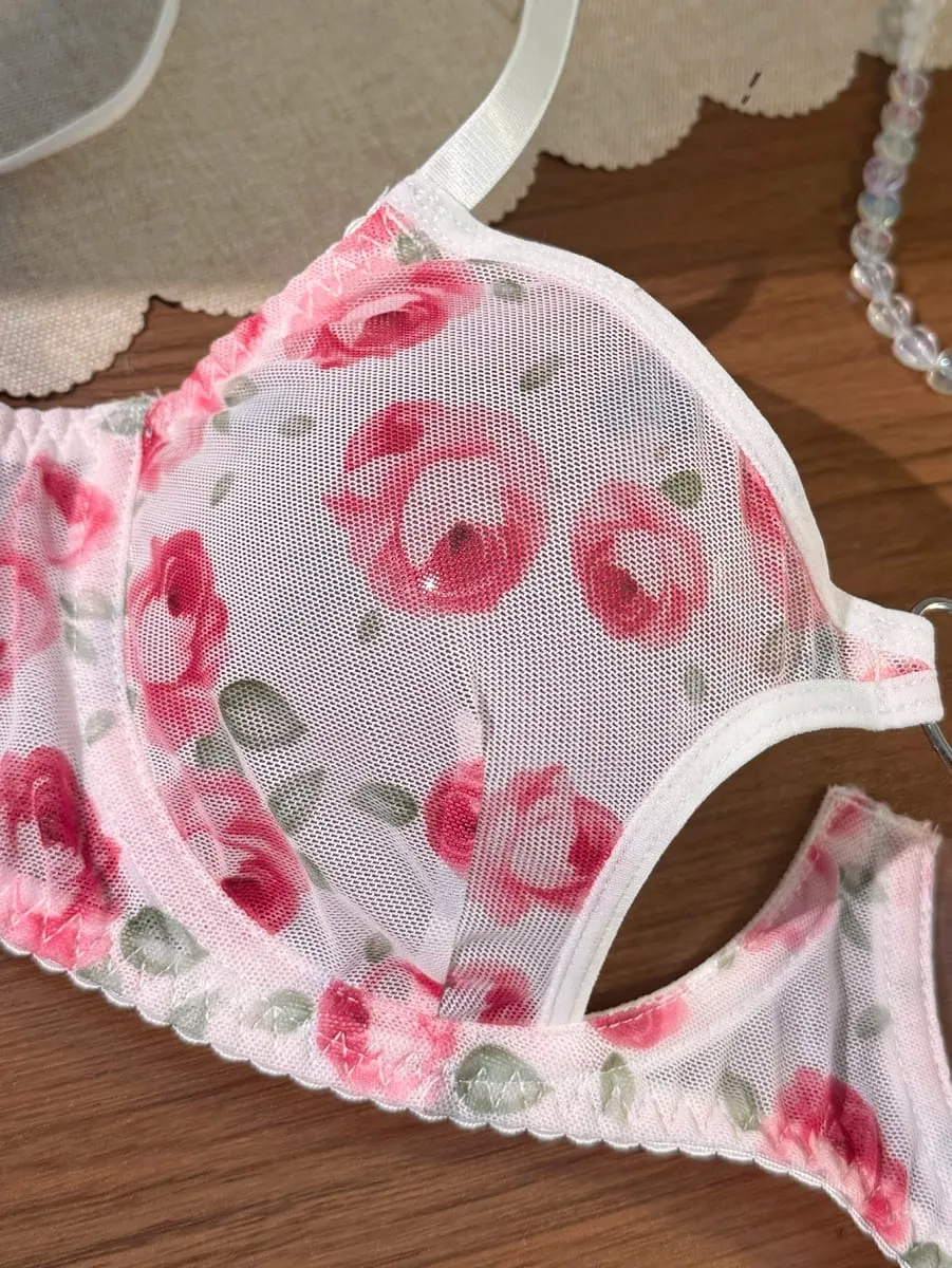 French Romantic Pink Rose Print Sheer Mesh Lingerie Set Heart Cutout Underwire Bra & Thong