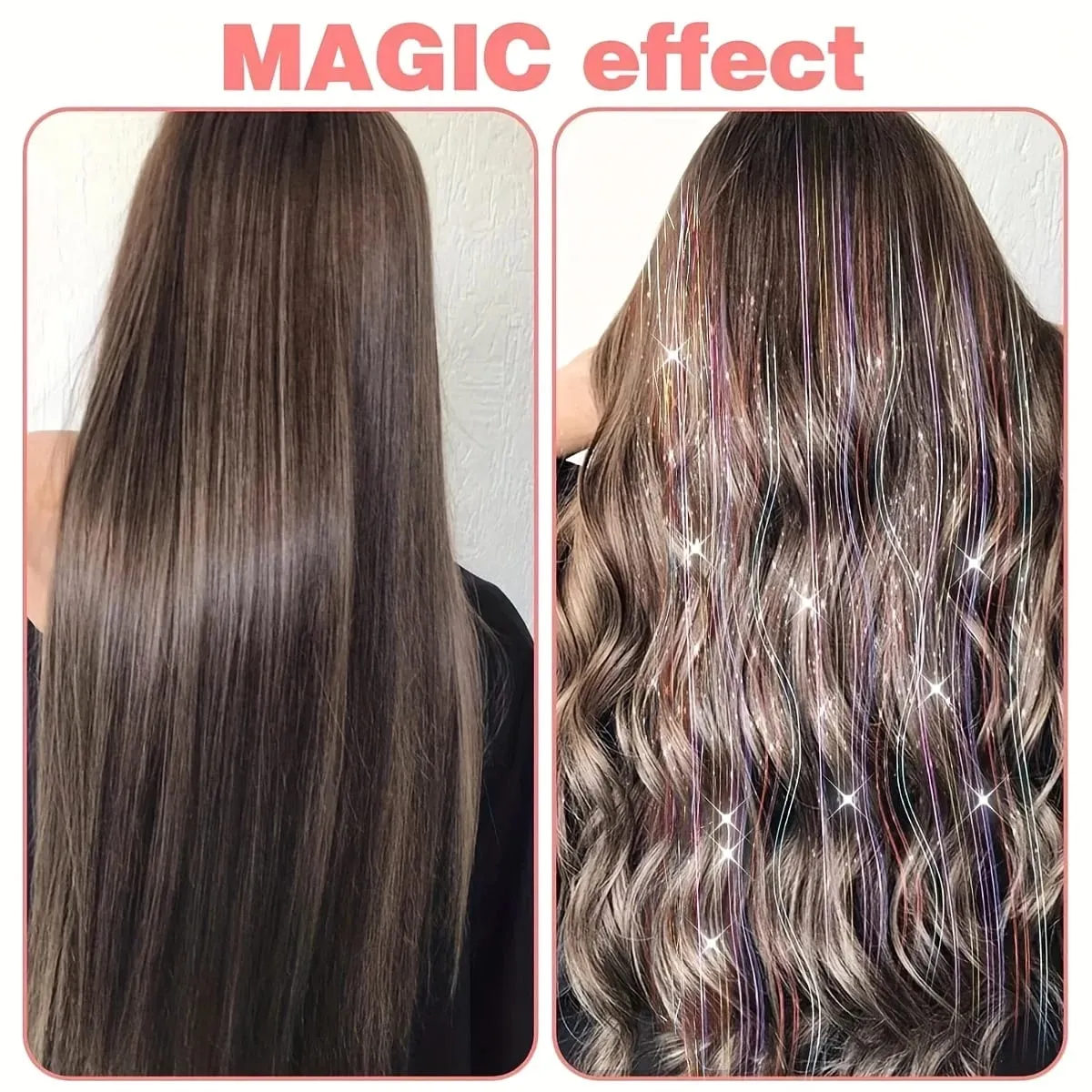 Clip In Hair Tinsel Glitter Hair Extensions Sparkly Synthetic Fiber Glitter Hair Extensions 12Pcs Shiny Fairy Hair Streaks Acc