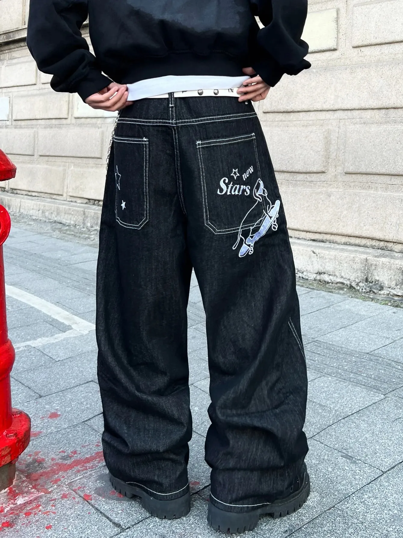 Men's Jeans Vintage Black Baggy Wide Pants Trendy Y2K Streetwear Men's Denim Pants Men's Casual Trousers With Letter And Star