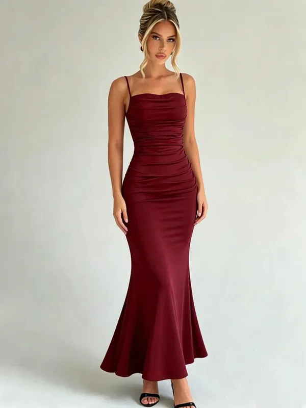 Women Spaghetti Strap Ruched Mermaid Maxi Dress Square Neck Bodycon Elegant Evening Party Long Dress