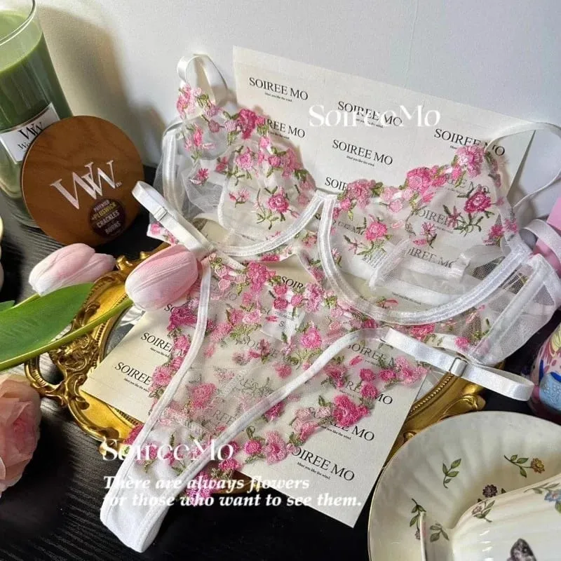 French Sheer Floral Lingerie Set Ultra Thin Sexy See Through Bralette with Soft Underwire & Women Large Bust Support S-XL MOYISU