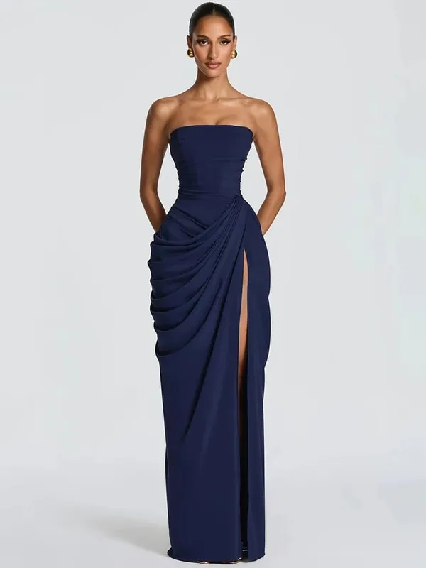Mozision Chiffon Off-shoulder Strapless Sexy Maxi Dress Women Elegant Sleeveless Backless High Split Ruched Club Party Dress