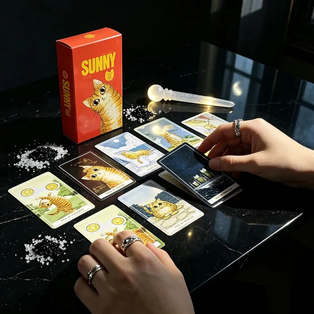 Sunny Cat Tarot Cards Fortune‑Telling Cards Game Spiritual Guidance Divination Cards Cute Witchcraft Gift for Women & Cat Lovers