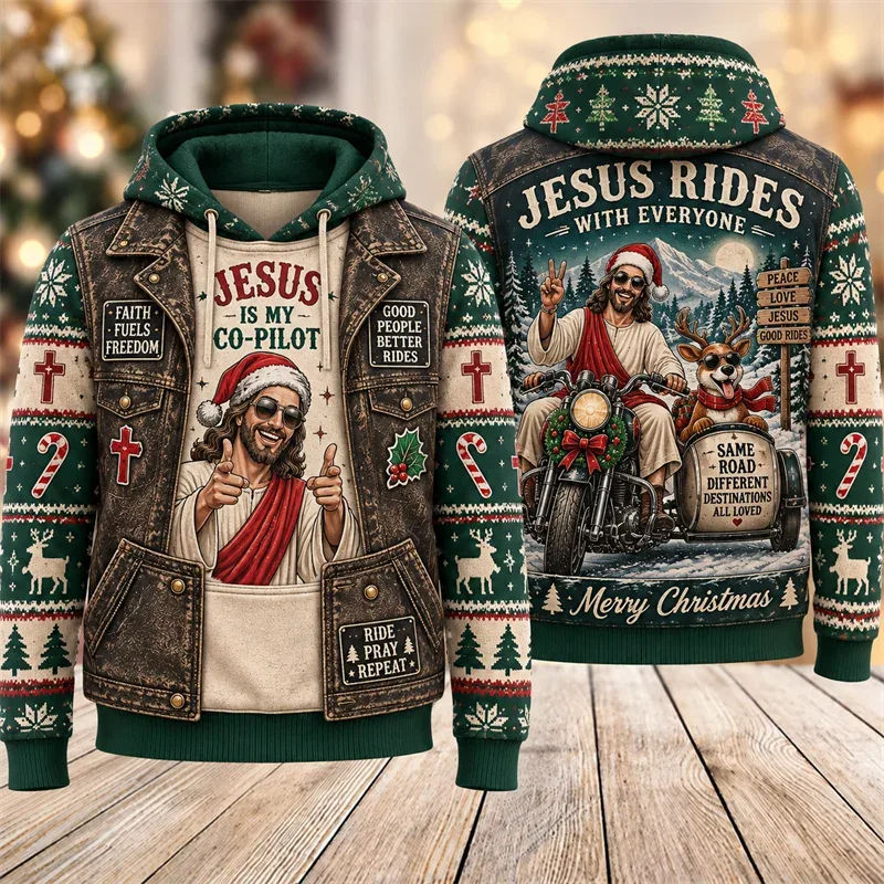 Funny Jesus Christmas Biker Hoodie 3D Graphic Motorcycle Rider Vintage Holiday Pullover Winter Streetwear Party Casual Gift