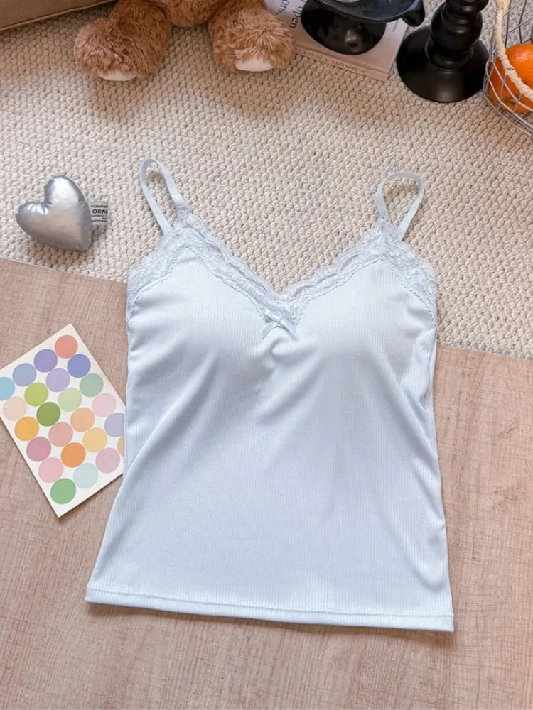 Spaghetti Strap Camis 2026 Summer Lace Ribbed Women Tank Top With Built In Bra Pads Slim Fit Crop Top For Inner & Outer Wear