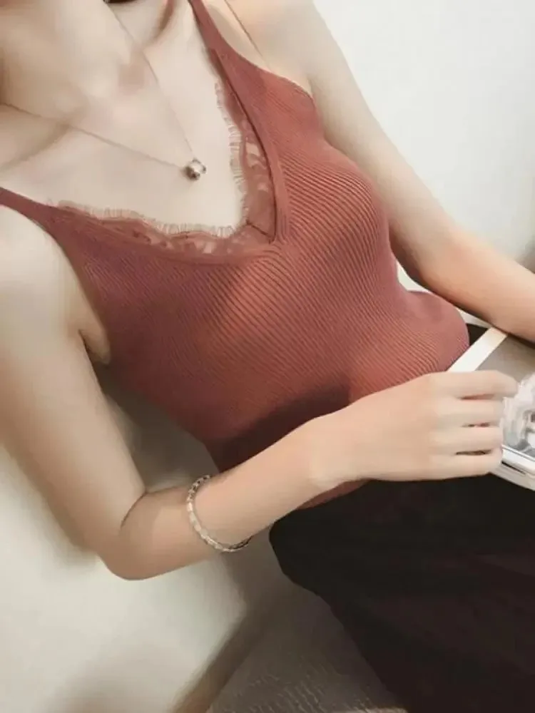 2026 Summer Casual Tops Solid Stitching V-neck Camis Women Hook Flower Lace Tank Female Knitted Short Slim Sleeveless Shirt