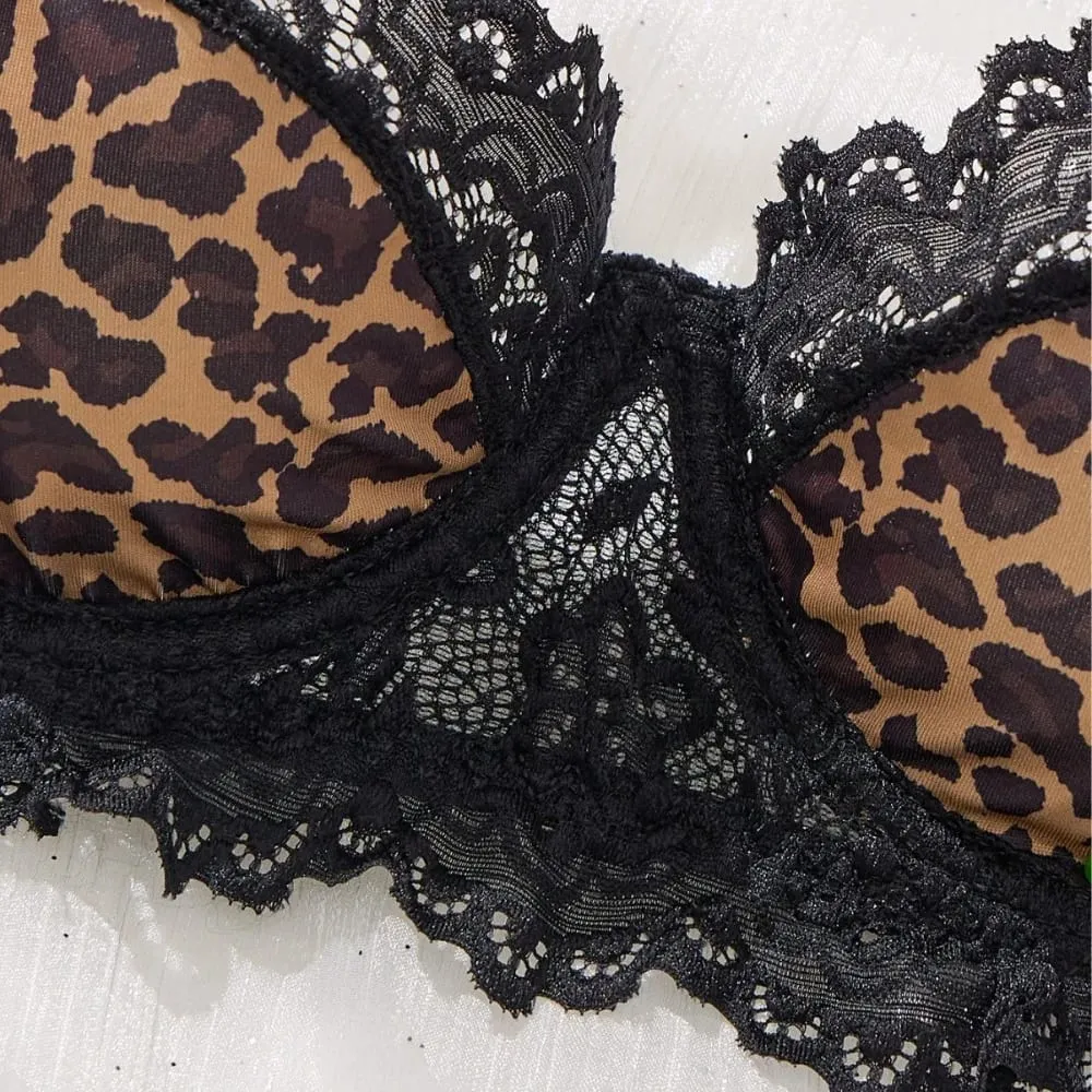 Sexy Fashionable Wild Leopard Print Lace Underwear for Women Lightweight Uplifting Gathering Underwear Bra Set