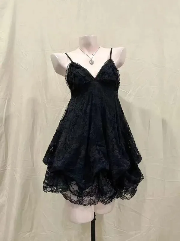 Gothic Retro Sweet Bud Mini Dress Women Harajuku Y2k Strap Dress Y2K Aesthetic Club Party Fashion Outfits