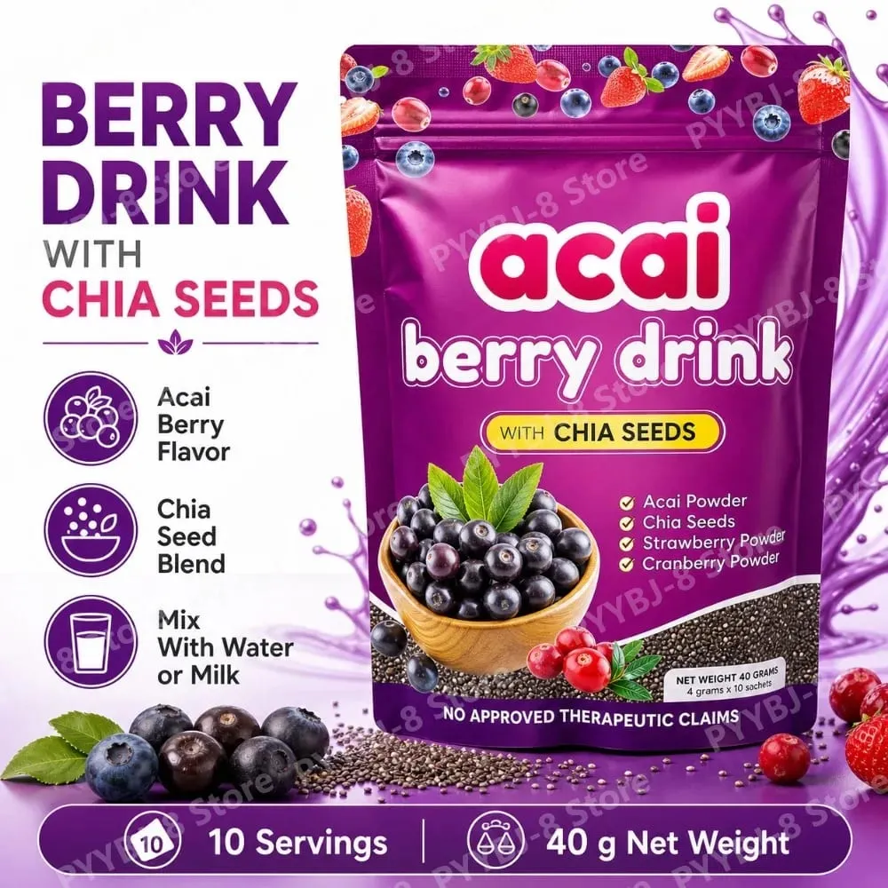 Acai Berry Drink Powder 10packs Per Bag with Chia Seeds and 7 Types of Berry Powders Improve Skin Condition & Enhance Immunity