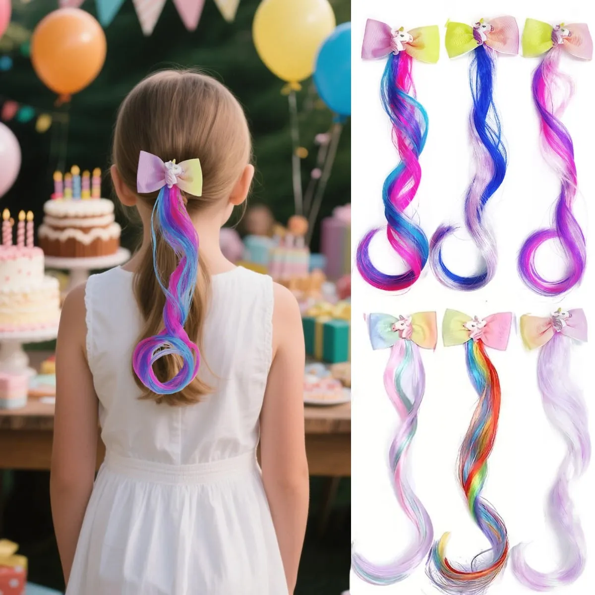 6pcs Clip in Curly Hair Extensions Rainbow Color Hairpieces with Cute Alligator Clip Bows for Girls-Great for Gifts Holidays