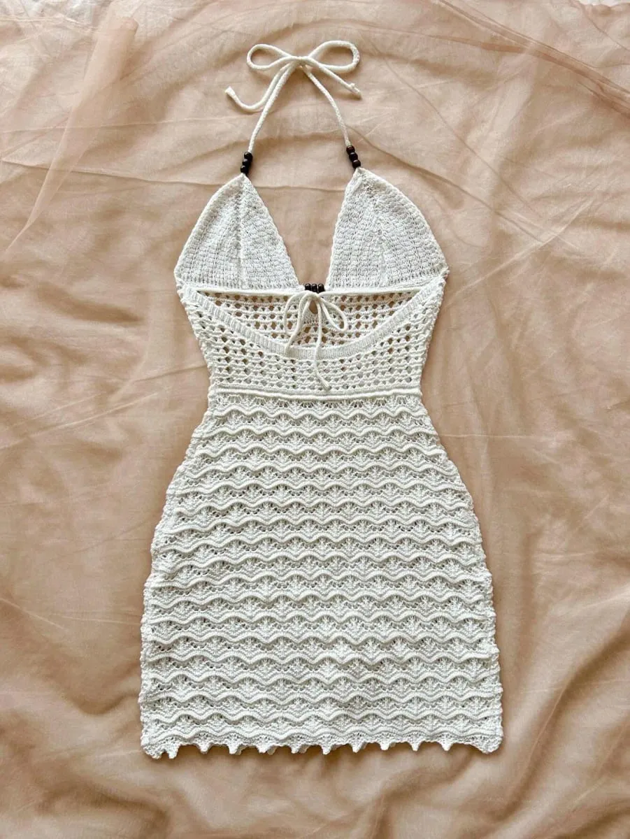 Women's White Crochet Halter Neck Sleeveless Dress