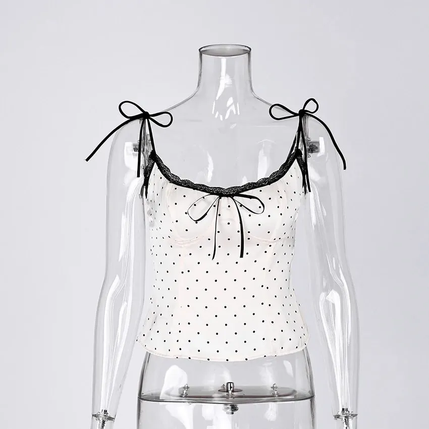 Linad Sexy Polka Dot Lace Spaghetti Strap Vests 2026 Street Chic Satin Lace Up Camisole Women Spring Elegant Sleeveless Tops Bow — image 6
