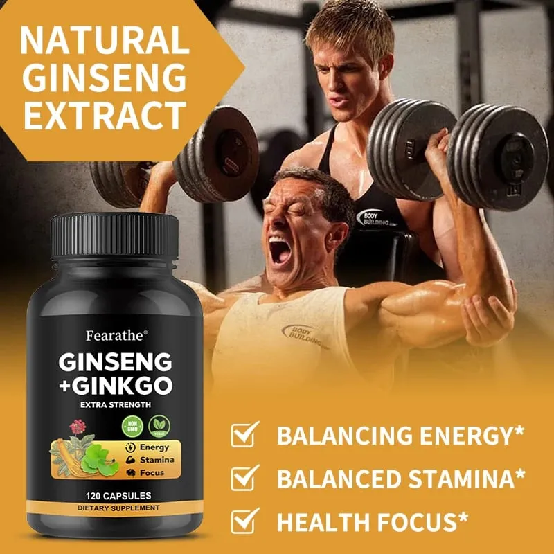 Korean Red Panax Ginseng + Ginkgo Biloba Capsules - Energy Focus & Heart Health Support 5% Ginsenosides Vegan Non-GMO