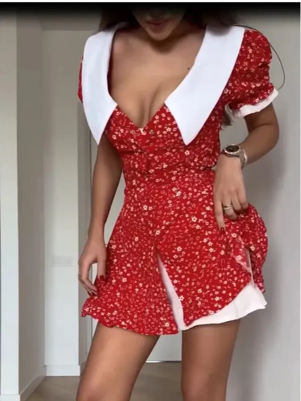Women Rose Floral Print Mini Dress Fashion V-neck Puff Sleeve Waistband Ruffle Hem Casual Dresses 2026 Summer Lady Holiday Gowns