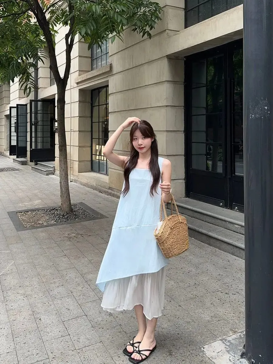 Women's Sleeveless White Midi Dress Loose Layered Ruffle Hem Casual Summer Beach Flowy Dress