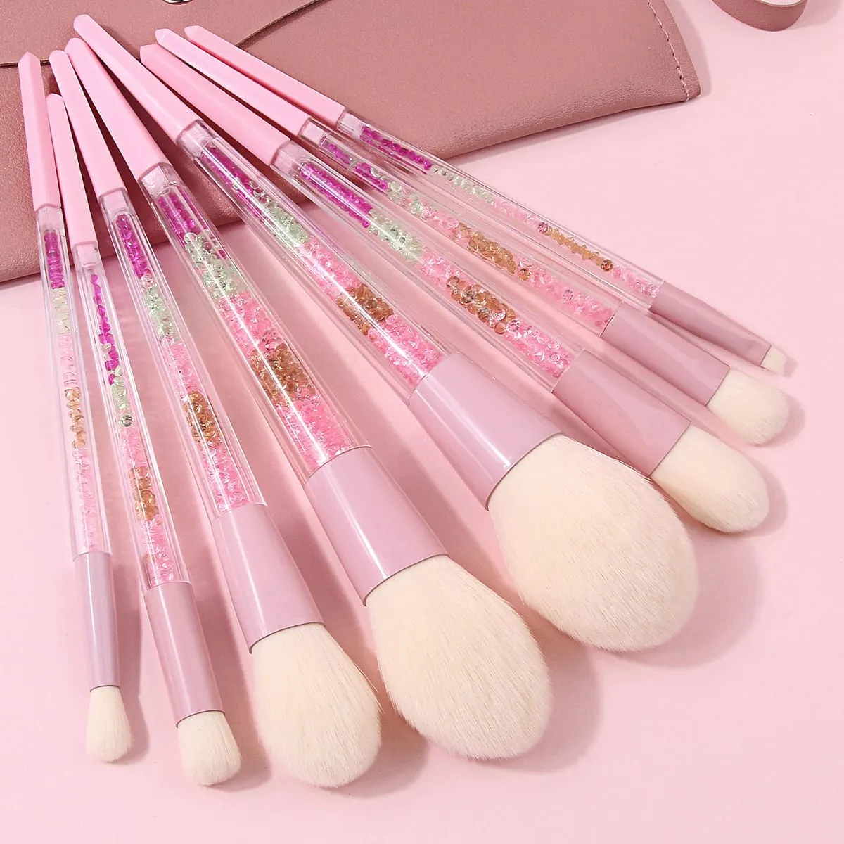 11PCS Pink Glitter Makeup Brush Set with Bag Crystal Handle Brushes Makeup Sponge Powder Puff Storage Bag Soft Hair Full Face