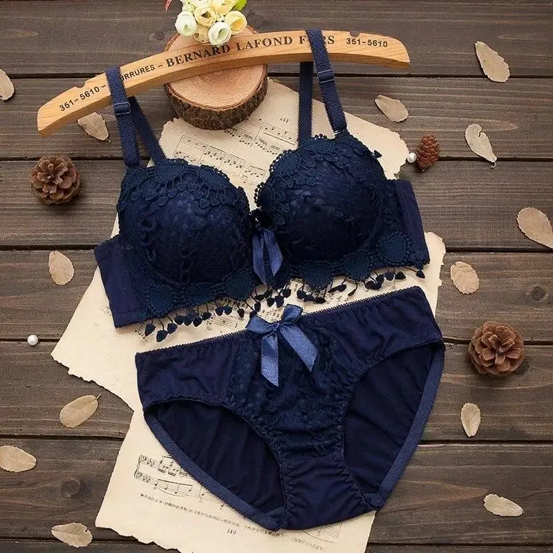 Women Lingerie Set Underwire Tassel Lace Push‑Up Bra With Removable Pads Bow Soft Multi‑Color Comfort Ladies Intimate Underwear