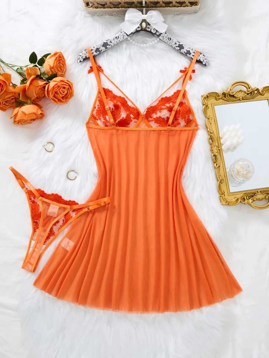 Women Orange Floral Embroidery Babydoll Nightgown Bow Strap Sheer Mesh Sleep Dress With Matching Thong Lingerie Set ZA825066