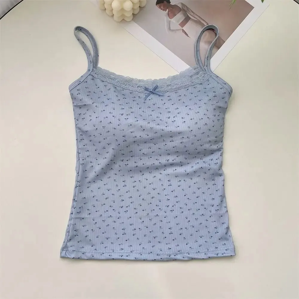 Sweet Floral Tops Lace Flower Print Camis Elegant Y2K Short Tank Tops Slim One Size Sexy Vest Lady