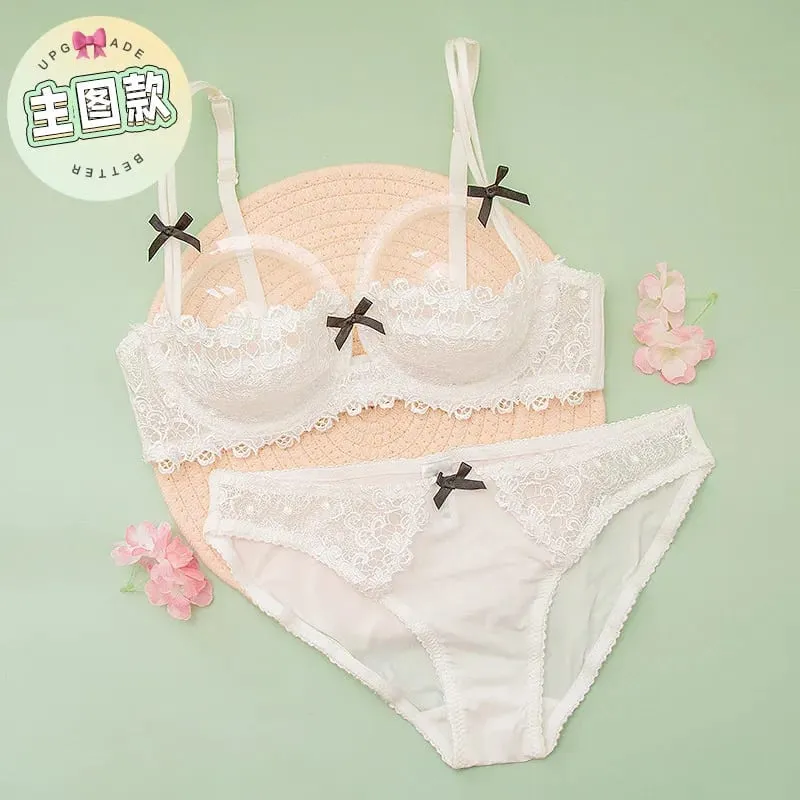 Sexy Lace Bra Set Women Plus Size Sheer Half Cup Push Up Lingerie Ultra Thin Transparent Concealed Nipple Underwear Hot