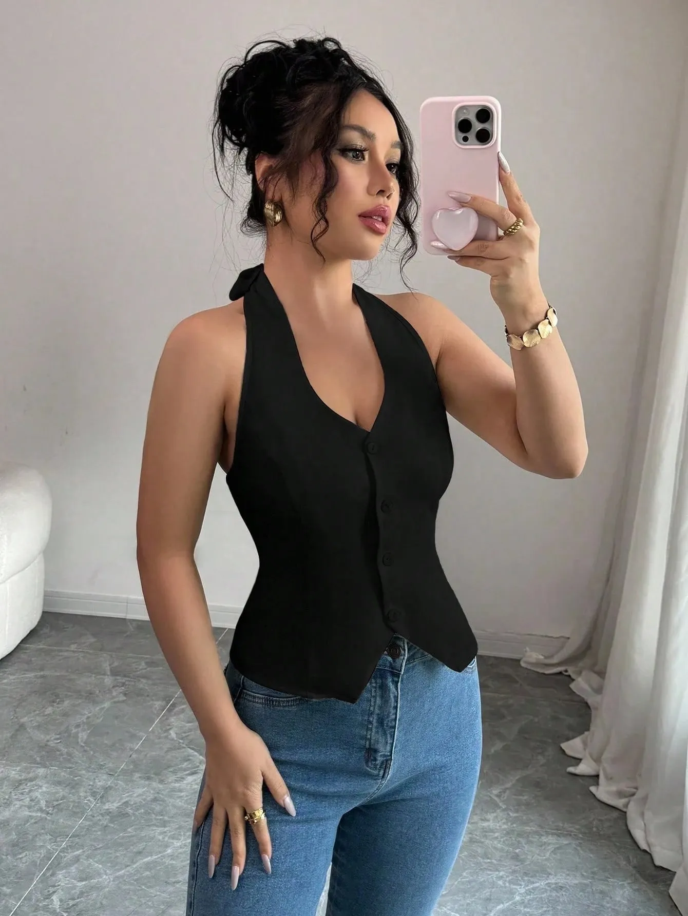Women's Solid Color Casual Button-Up Halter Top Tank Vest One Piece Comfortable Breathable Fashionable Summer Wear