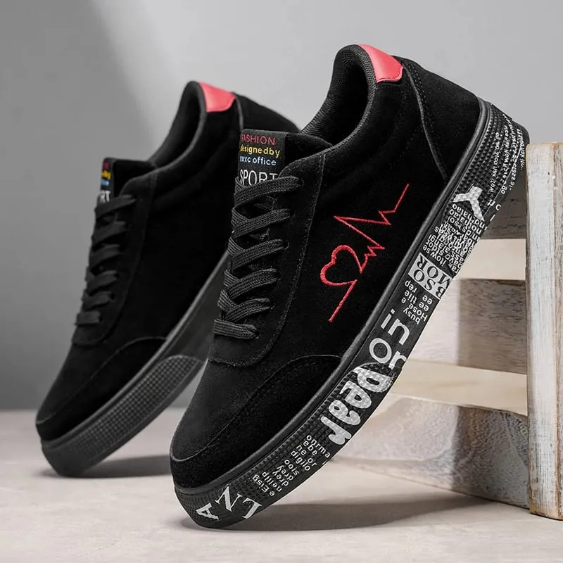 Men'S Black Suede Casual Sneakers With Red Heartbeat Embroidery Low Top Lace Up Skate Shoes Comfortable Versatile Footwear