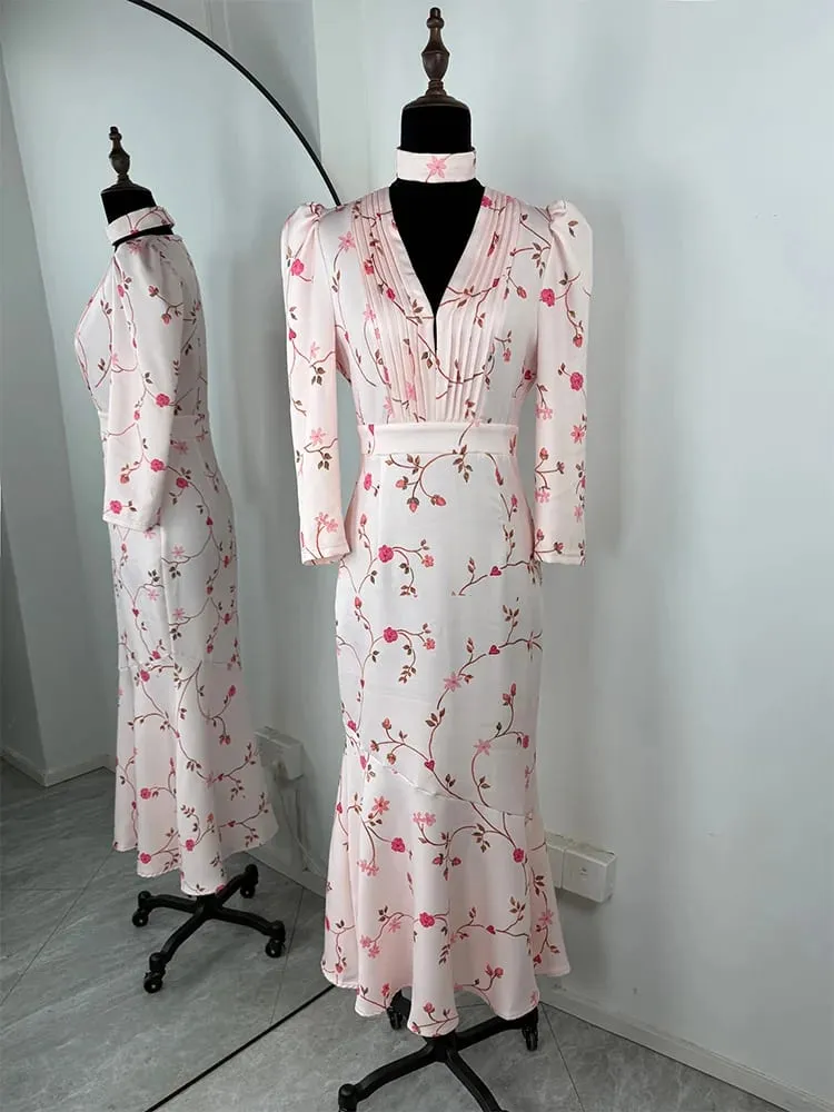 Trendix Elegant ดอกไม้พิมพ์ชุด Maxi ผู้หญิงเอวสูง Patchwork ชุดเดรสแขนสั้นเซ็กซี่ลึก V คอชุดราตรีหรูหรา