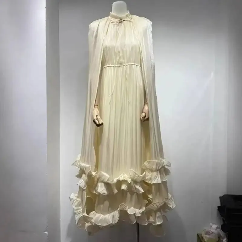 Commuting Style V-neck Cape Style Black Fungus Edge Double-layer Hem Dresses For Women 2026 Autumn New