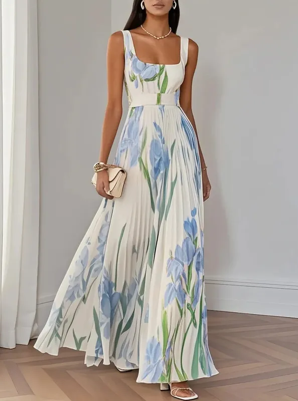 Vestidos Mujer Sexy Square Collar Pleated Dress Woman Spring Floral Print High Waist Long Dresses New Summer Sleeveless Sundress