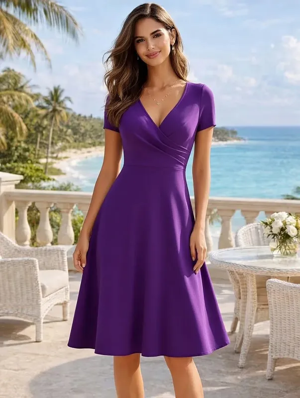 Abito da donna elegante girocollo estivo manica corta tinta unita linea A al ginocchio abito a vita alta spavaldo matrimonio festa partenza casual