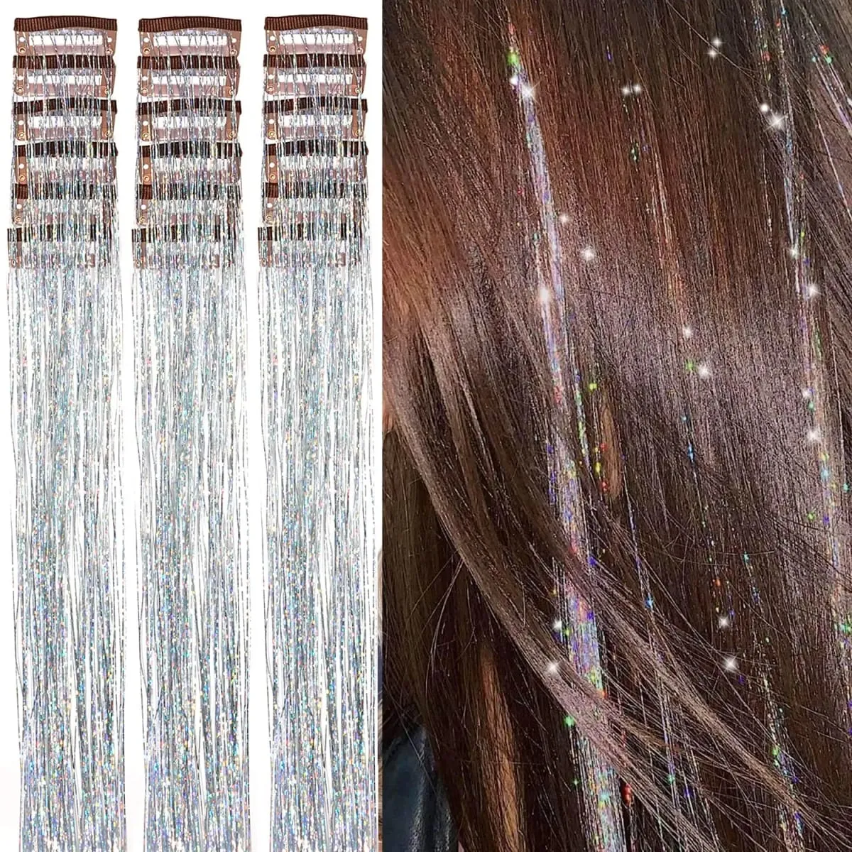 Sambungan Rambut Tinsel Berkilauan 20 Inci dengan Klip Dalam 6 Keping/Set Klip Sintetik dalam Aksesori Rambut Sparkle Fairy untuk Kanak-kanak Wanita
