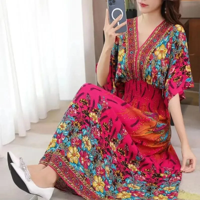 Na co dzień elegancki retro czeski styl narodowy dekolt w serek w pasie duża huśtawka z nadrukiem letnia długa spódnica kobieca sukienka ubrania