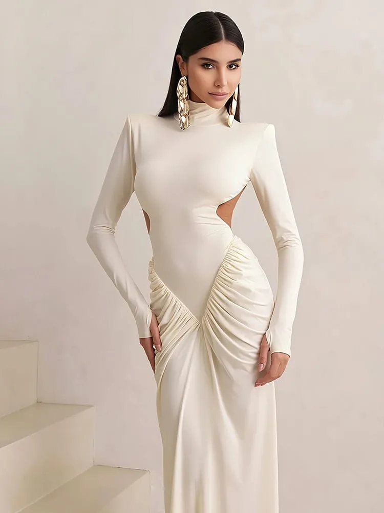 Cutenew High Street Kvinder Maxikjole Klassisk Sexet Rygløs Lige Skulder Fuldærmet Ruched Bodycon Mujer Aften Vestidos