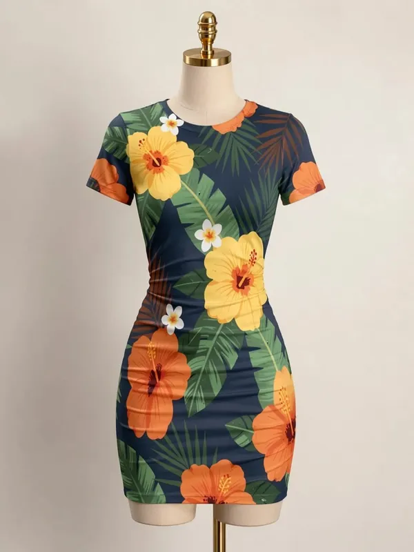 Womens Short Sleeve Bodycon Mini Dress Slim Fit Crew Neck Floral Print Casual Summer Party Cute Smooth Holiday Vacation Sundress