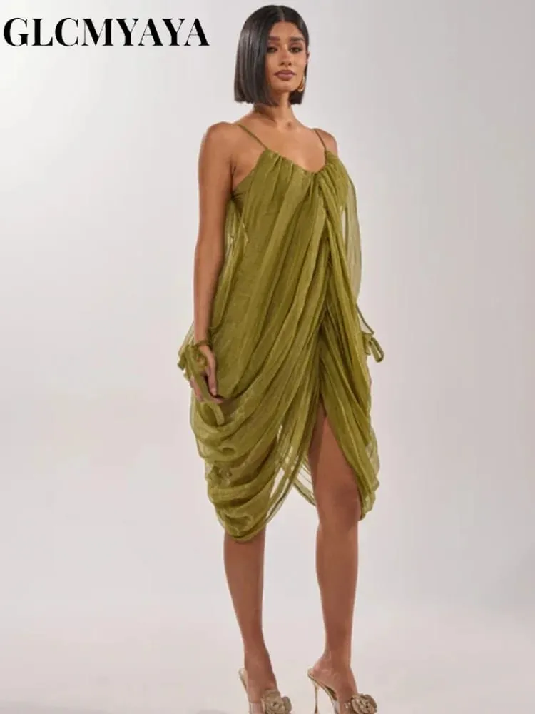 CM.YAYA Women Sheer Mesh Draped Plunging Neck Mini Slip-style Midi Dress 2026 Summer Holiday Birthday Vacation High-low Dresses