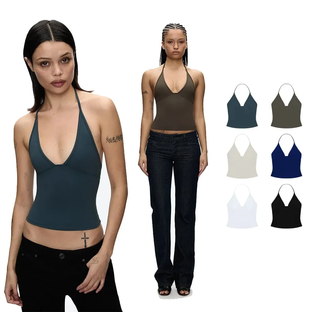 Tank Deep V Halter Neck Camisole Slim Fit Short Crop Top Tight-Fitting Waist-Cinching Backless Tank Top Versatile Outerwear Solid Color Base Shirt for a Spicy Look