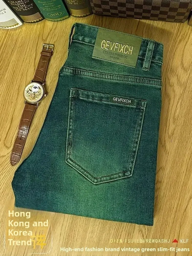 High Quality Emerald Green Slim Fit Men's Jeans Retro Fashion Washed out Casual Straight Leg Youthful Style Chinese Production