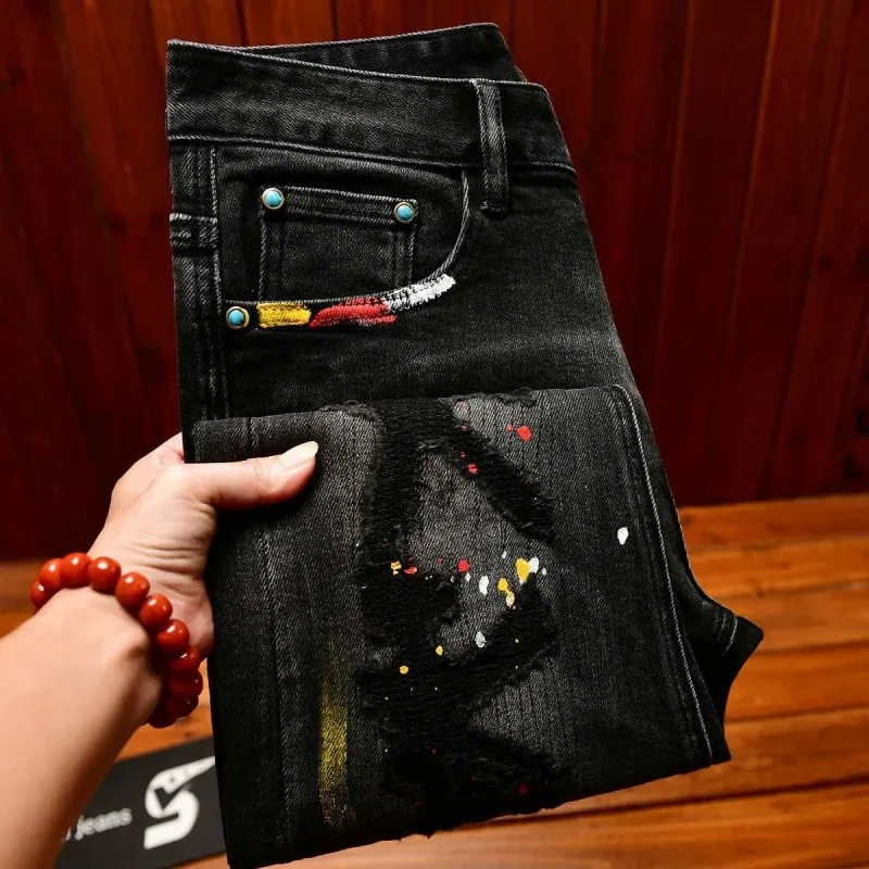 High-End Vintage Ripped Jeans for Men Slim Fit Trendy Paint Print 2025 Autumn and winter casual trendy long pants