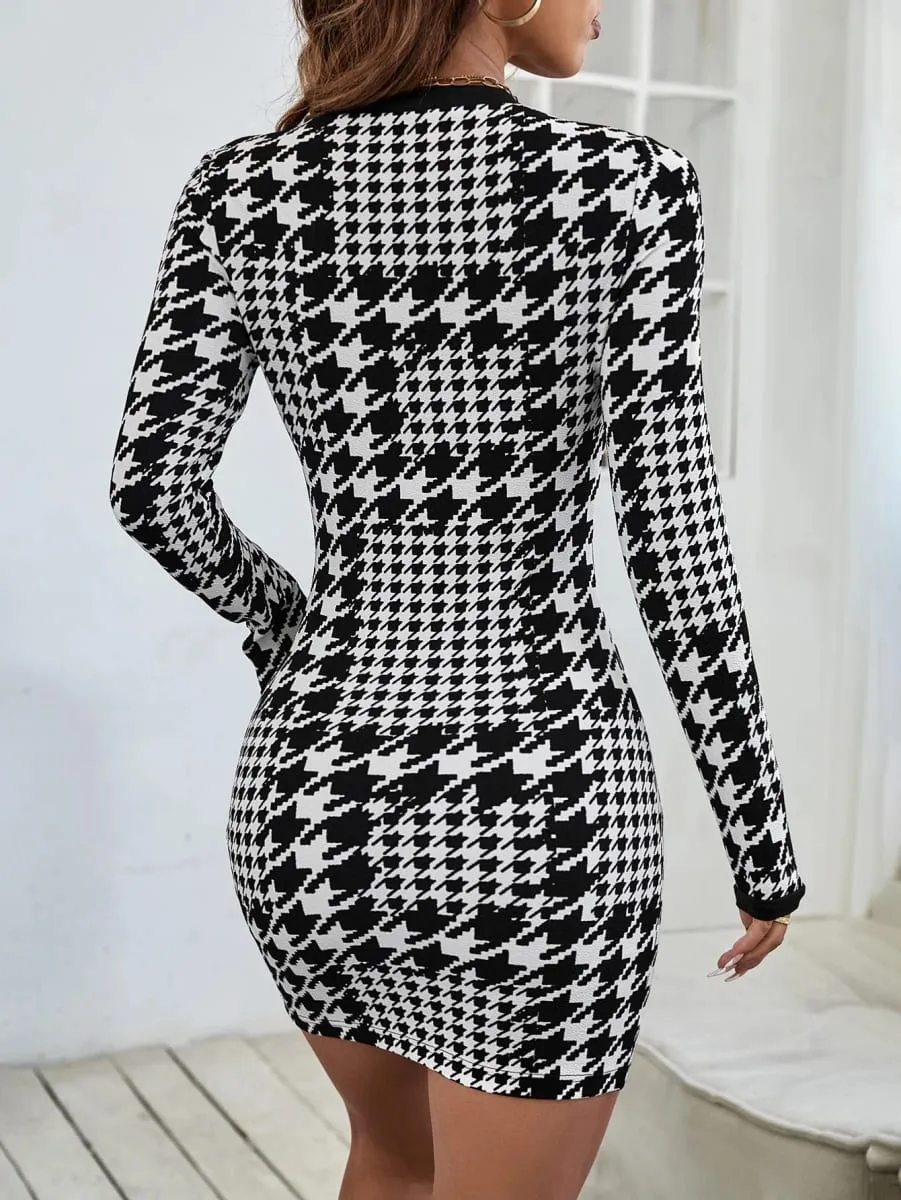 Long sleeve dress thousand bird grid color knitting autumn and winter dress women short skirt small fragrance wind V collar