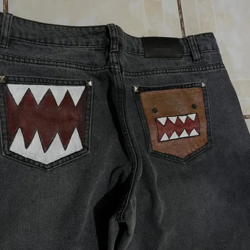 Washed Black Baggy Men Monster Tooth Embroidery Jeans Pocket Wide Leg Denim Pants Y2k Streetwear Hip Hop Loose Trousers Unisex